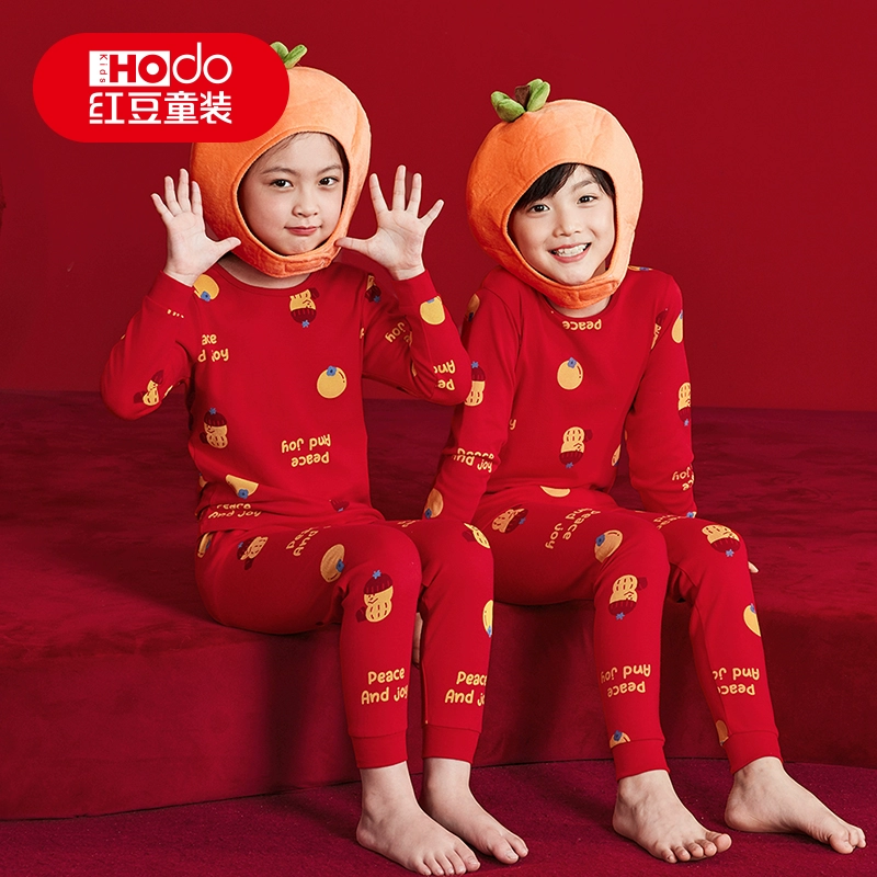 红豆儿童本命年保暖内衣套装纯棉男童12岁女大童红色蛇年秋衣秋裤