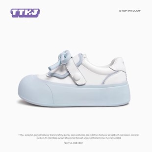 TTKJ蓝色板鞋女夏季新款蝴蝶结厚底增高面包鞋子校园魔术贴小白鞋