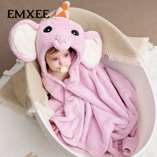 嫚熙珊瑚绒儿童浴巾新生婴儿浴袍宝宝超软吸水带帽包被斗篷裹巾
