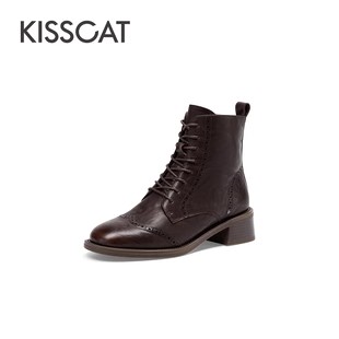 接吻猫[黑胶唱片马丁靴]女新款布洛克短靴复古粗跟水洗牛皮时装靴