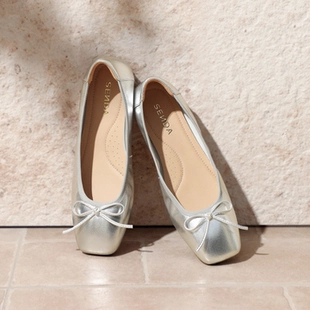 森达羊皮蛋卷鞋女银色皮鞋平底鞋浅口芭蕾鞋红色玛丽珍法式单鞋女