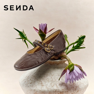 森达月光小羊皮玛丽珍女鞋新款真皮芭蕾单鞋厚底内增高白色皮鞋