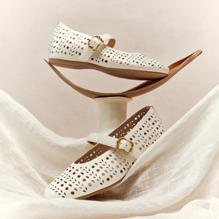 森达羊皮玛丽珍女鞋新款透气增高法式镂空芭蕾浅口单鞋白色皮鞋