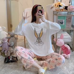 睡衣女春秋季韩版长薄款可外穿两件套可爱学生网红爆款卡通家居服