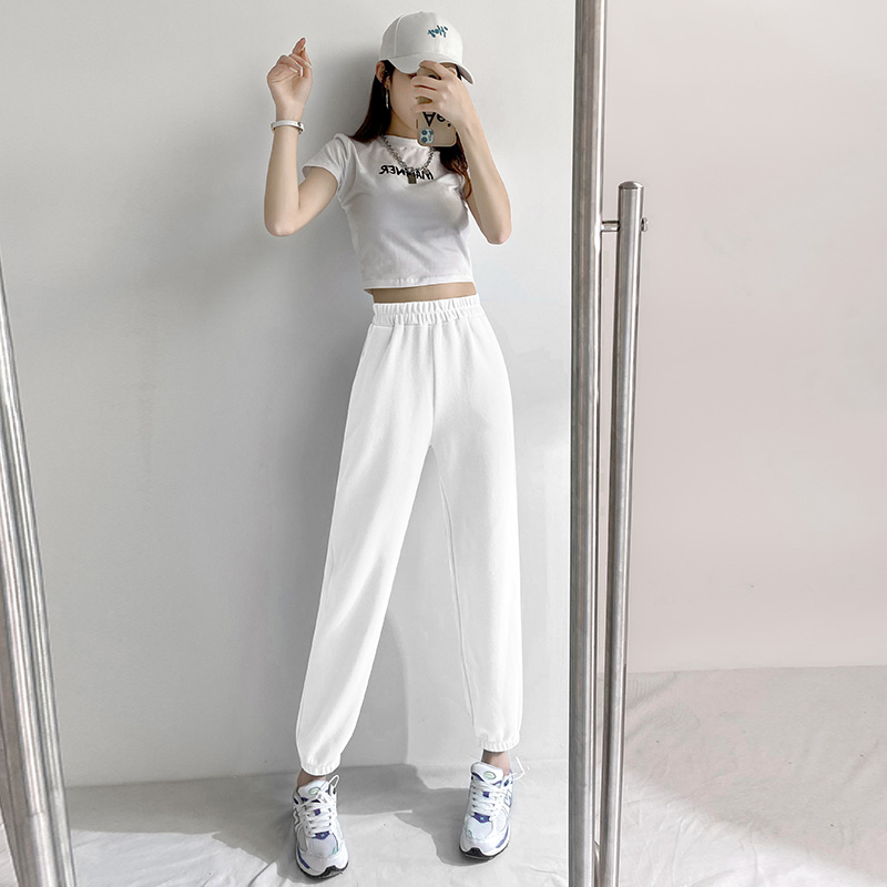 2021春款爆款新款灰色束脚卫裤高腰宽松显瘦哈伦运动裤子女ins潮