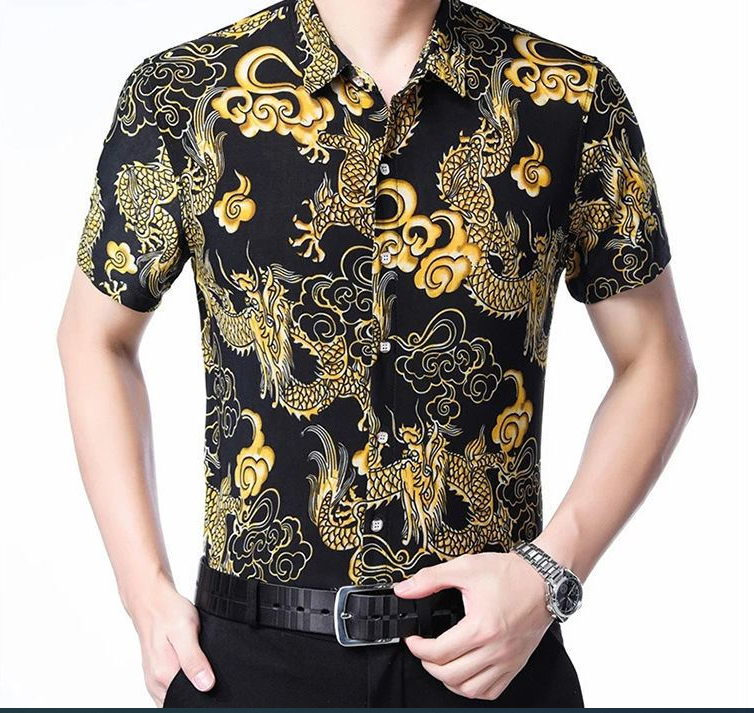 【九赛龙】夏季新款短袖男士花衬衫【真口袋】中年爸爸休闲男衬衣