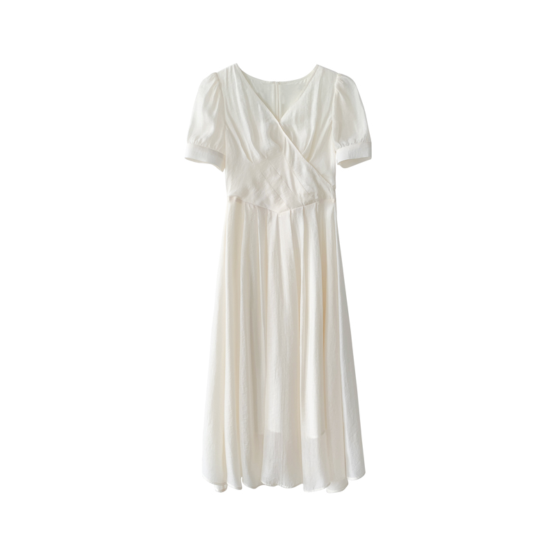 FT GUOGE白色天丝连衣裙女2022夏新款高级感法式复古气质V领长裙