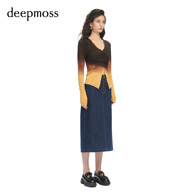 【deepmoss】春夏女装时尚复古潮流渐变交叠羊毛套头针织长袖上衣