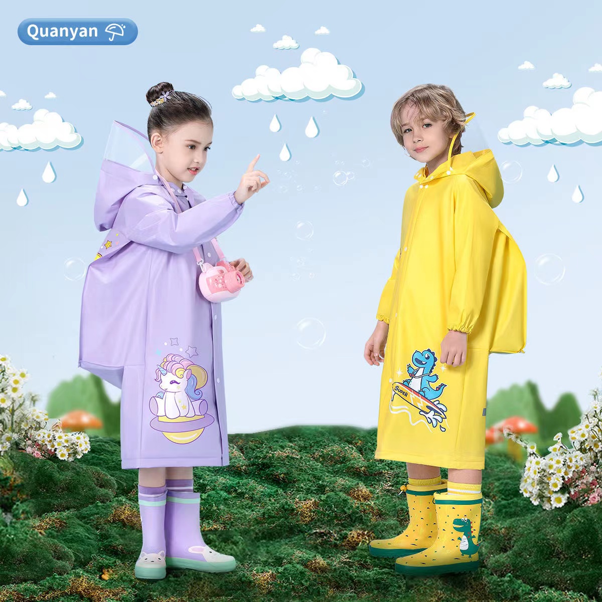 儿童雨衣宝宝幼儿园小学生卡通雨披带书包位男童女童雨衣雨具